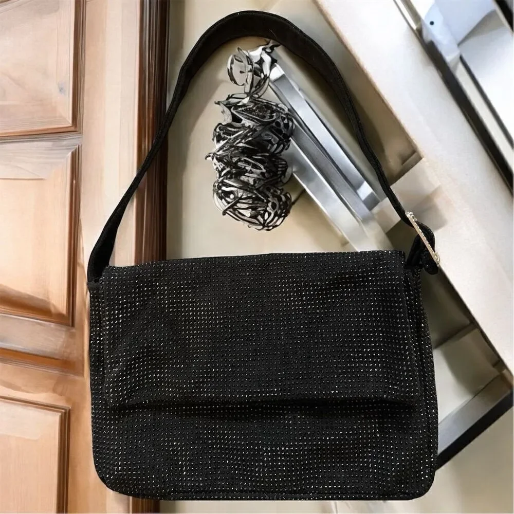 Women's Black Beaded Fabric Rhinestone Buckle Accent Evening Shoulder Handbag
